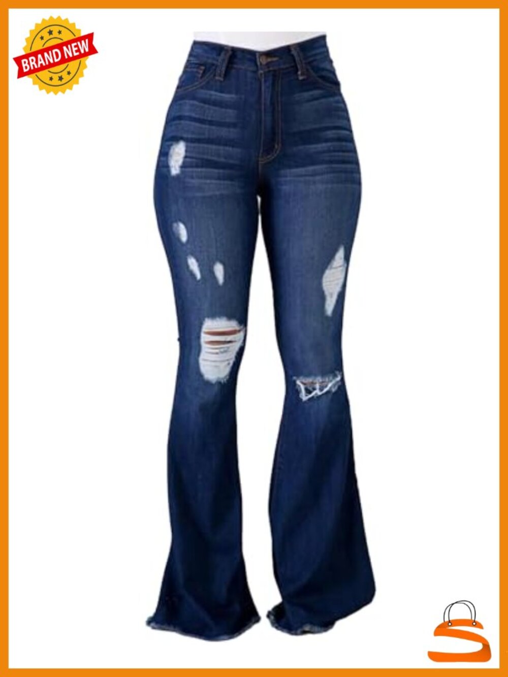 Women's High Waist Flare Bell Bottom Ripped Distressed Denim Jeans